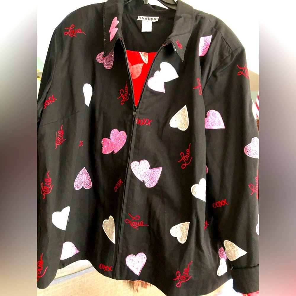 BLUTIQUE Black Jacket w/ Pink Purple & White Hearts  Red LOVE  Size 2X